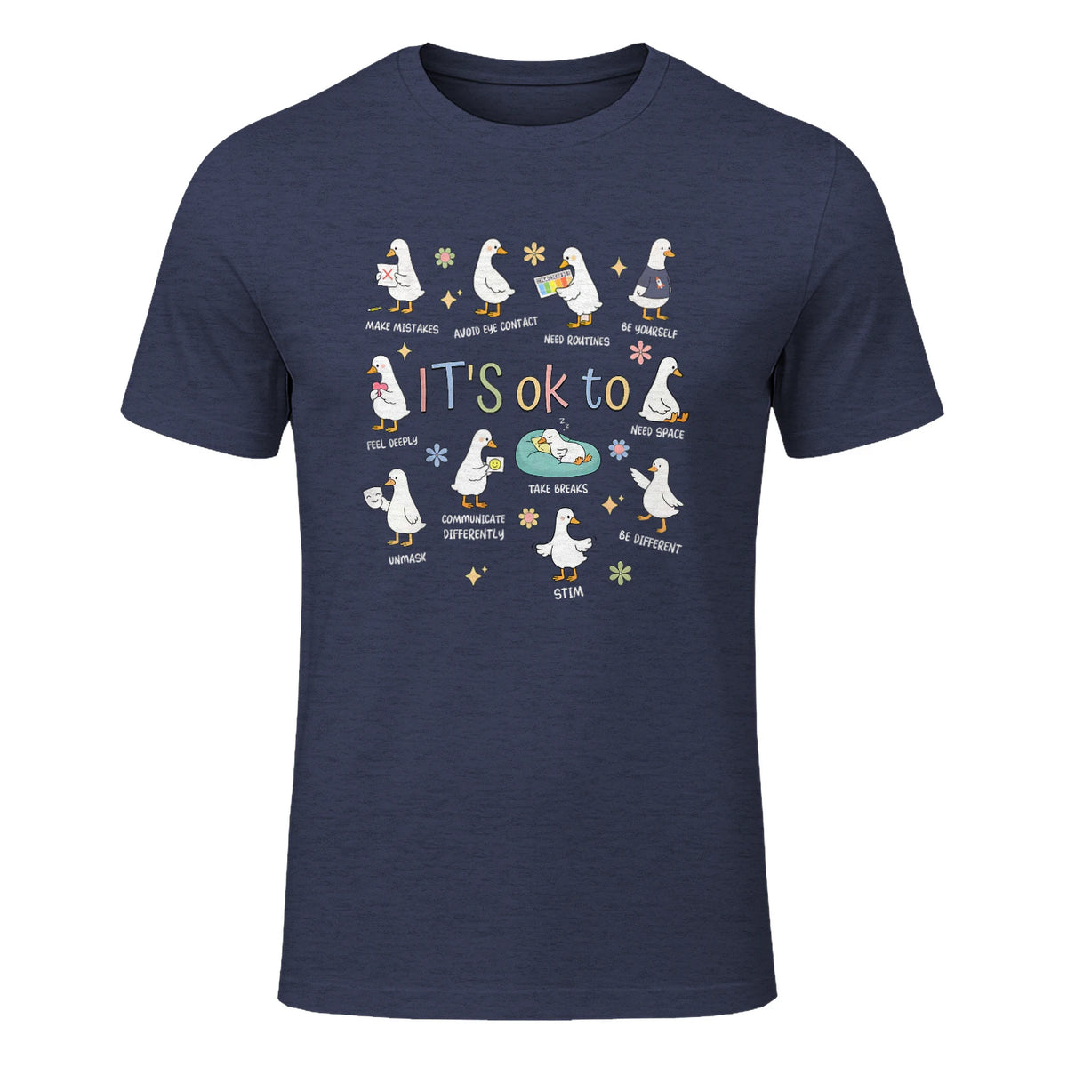 Funny It’s Ok to Be Different Autism Goose Teacher in Heather Navy - front view