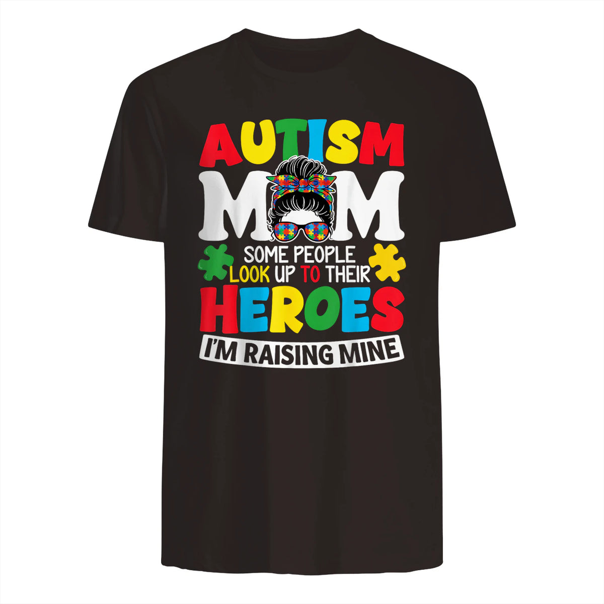 Autism Mom Raising Hero Messy Bun Autism Awareness in Dark Chocolate - back view