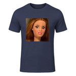 Funny Doll Face Meme Expression Hilarious Sarcastic in Heather Navy - front view