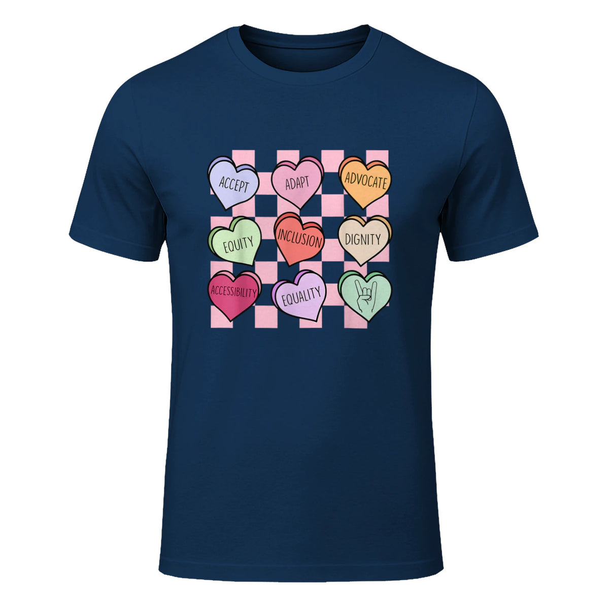 Special Education Teacher Candy Heart Valentines Day Love T-Shirt in Navy - front view