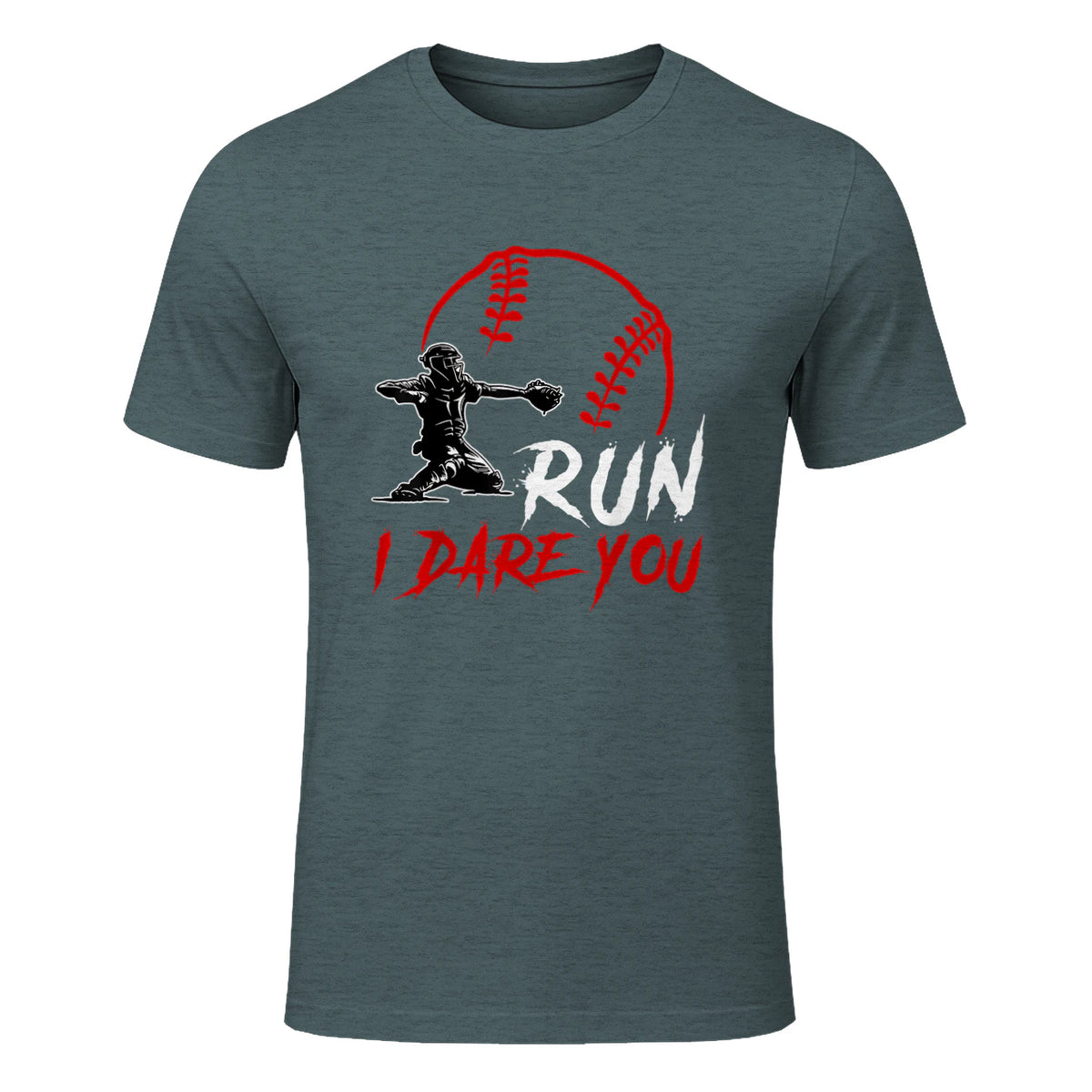 Run Steal I Dare You Humor Baseball Catcher Vintage T-Shirt in Dark Heather - front view