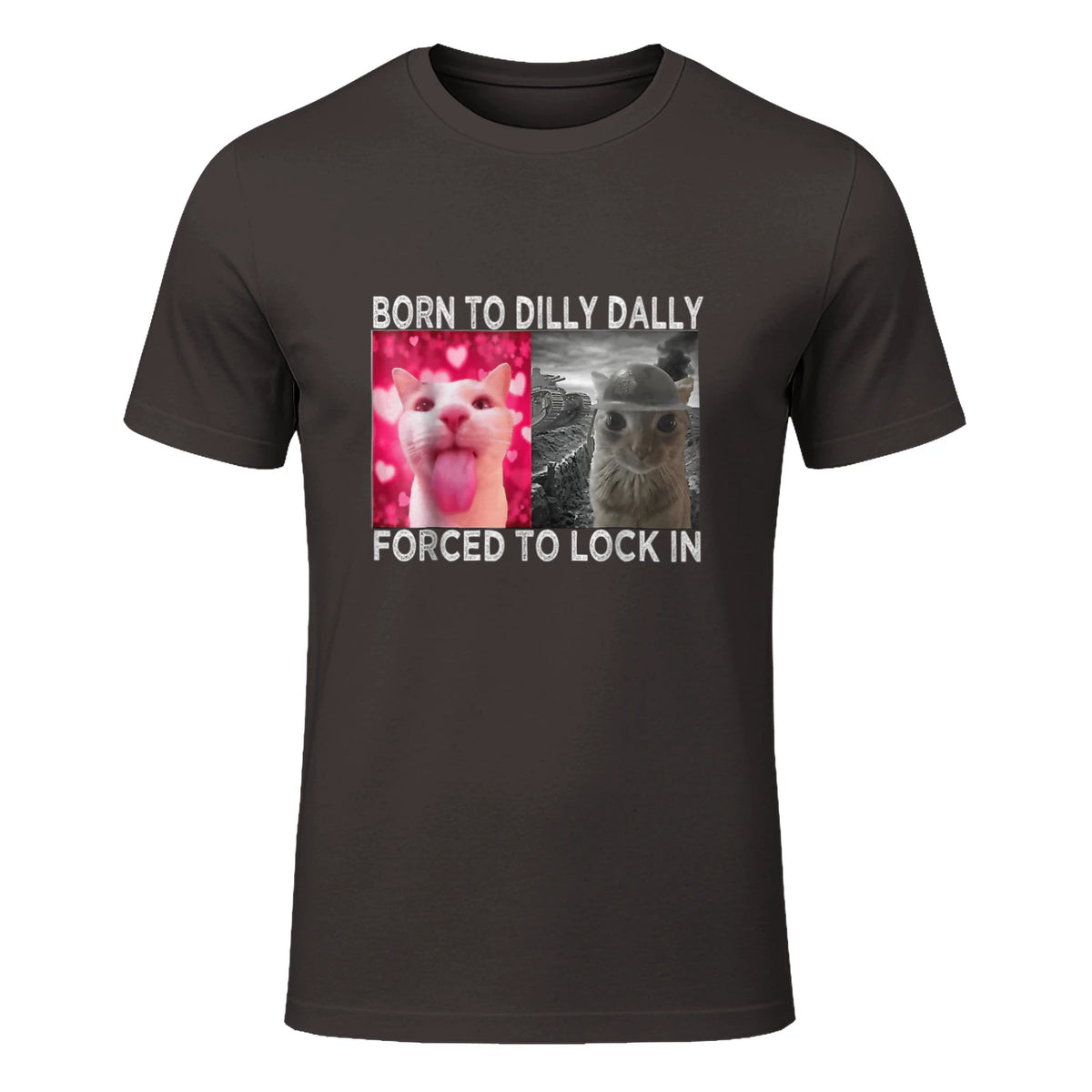 Born to Dilly Dally Forced to Lock in Cat Meme T-Shirt in Dark Chocolate - front view