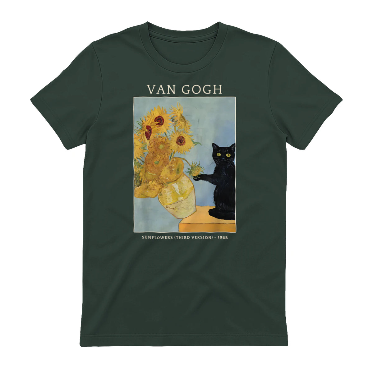 Funny Cat & Sunflowers Van Gogh Art Parody Vintage T-Shirt in Forest Green - back view