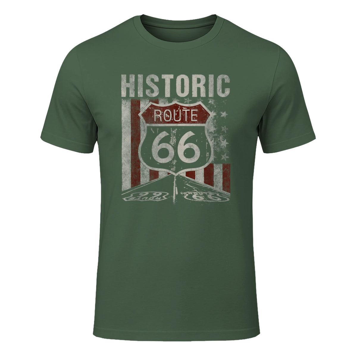Historic USA Route Sixty-Six Highway Road Sign T-Shirt in Military Green - front view