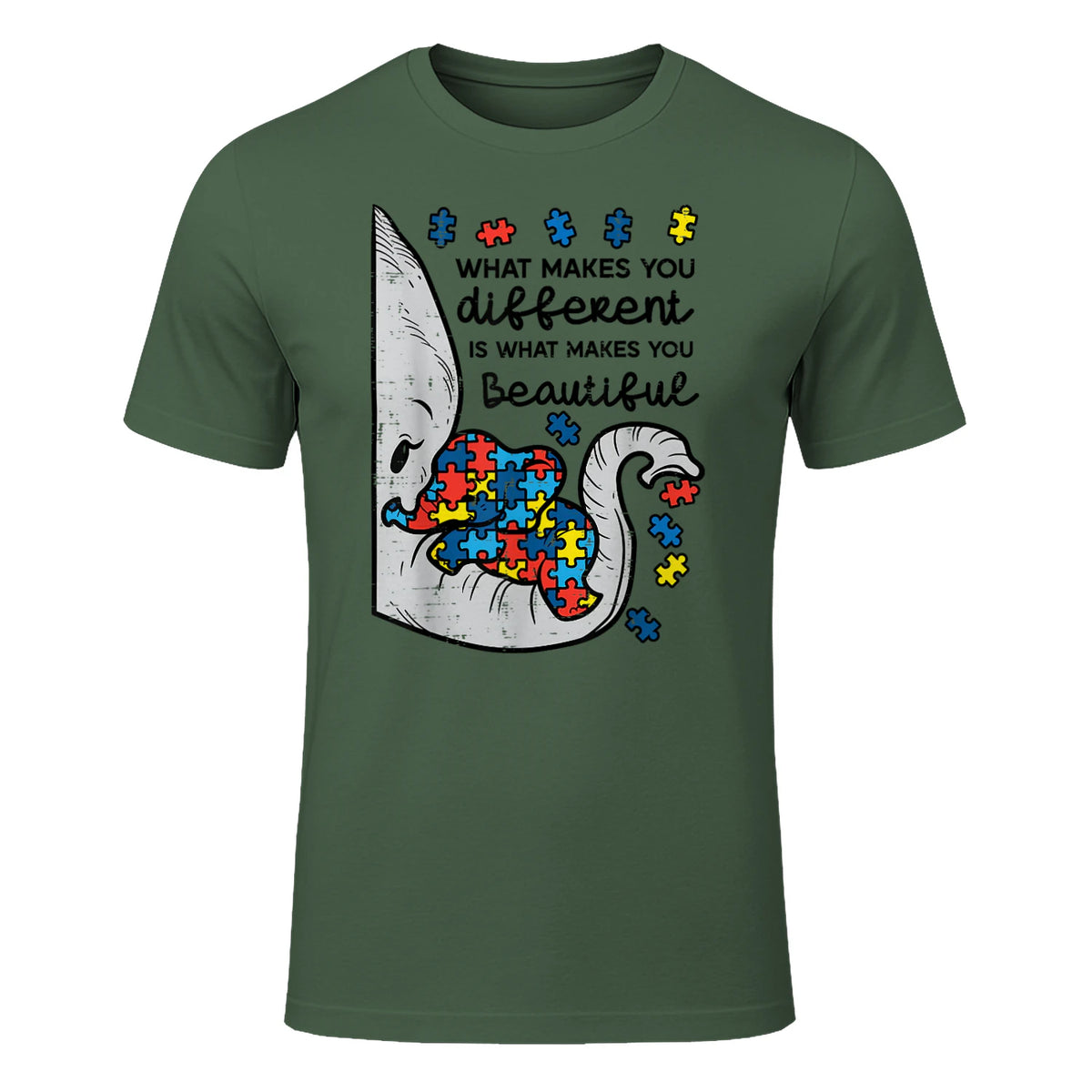 What Makes You Different Autism Awareness T-Shirt in Military Green - front view