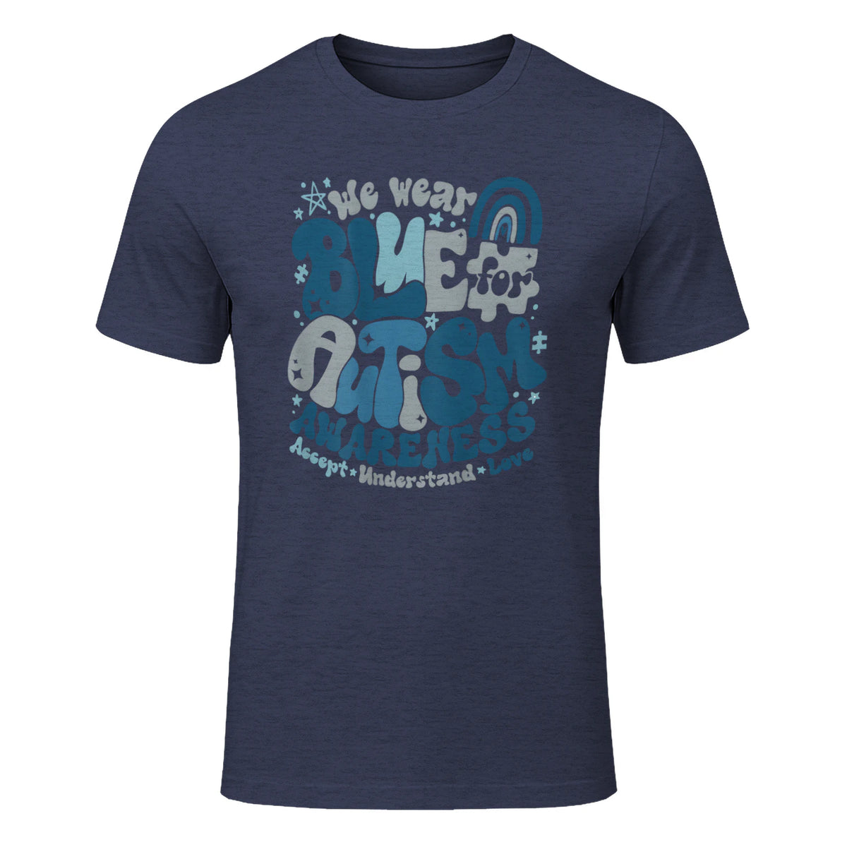 In April We Wear Blue Autism Awareness T-Shirt in Heather Navy - front view