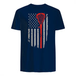 Vintage American Flag Lacrosse Youth Apparel, Boys Men USA T-Shirt in Navy - back view
