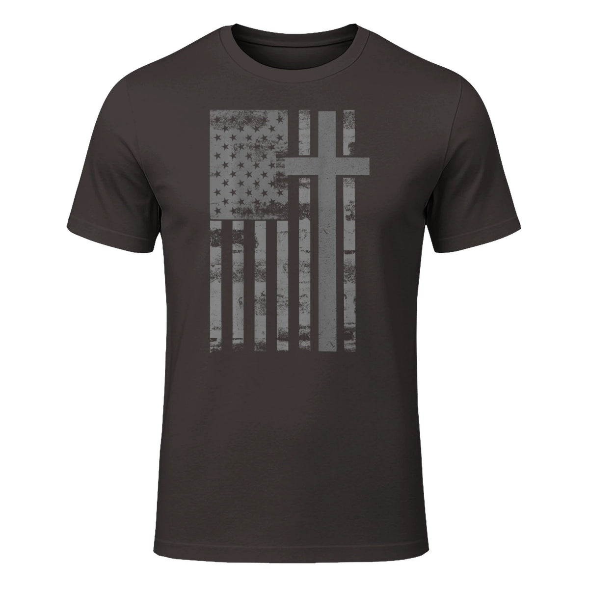 (Art) American Flag Christian Faith Cross Patriotic T-Shirt in Dark Chocolate - front view