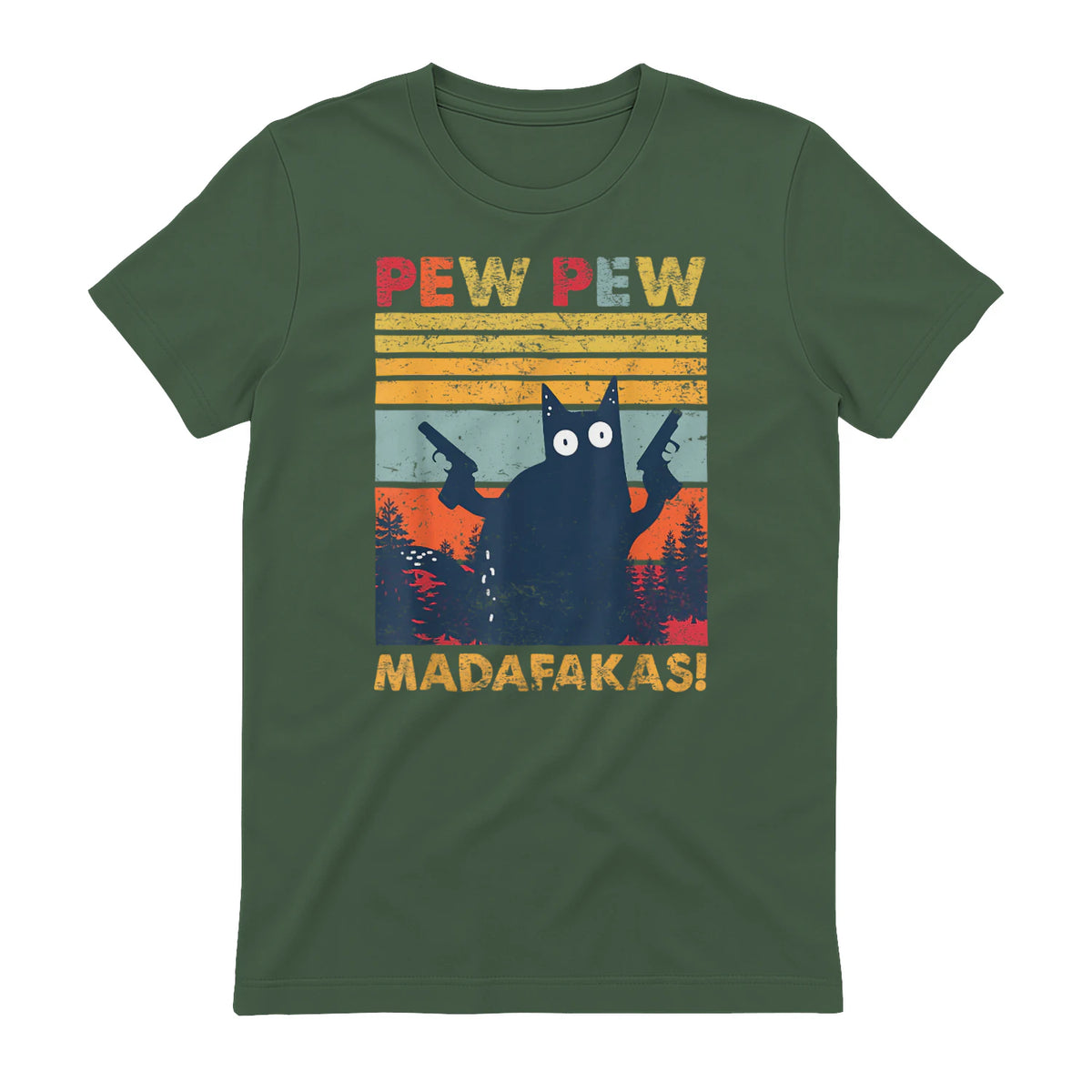 Pew Pew Madafakas Vintage verrückte Katze lustige Grafik in Military Green - back view