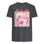 Funny Retro Nineties Japanese Kawaii Strawberry Milk Shake Carton T-Shirt in Charcoal - back view