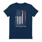 Christian US USA Flag American Christ Faith Over Fear Cross T-Shirt in Navy - back view