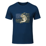 Fishing Camouflage US American Flag Bass Fish Fisherman Camo T-Shirt in Navy - front view