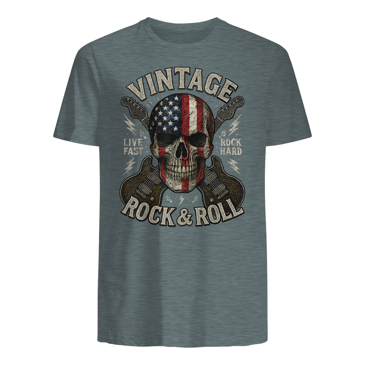 Vintage Rock Skull American Flag Guitar Retro Rock and Roll T-Shirt in Dark Heather - back view