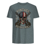 Vintage Rock Skull American Flag Guitar Retro Rock and Roll T-Shirt in Dark Heather - back view