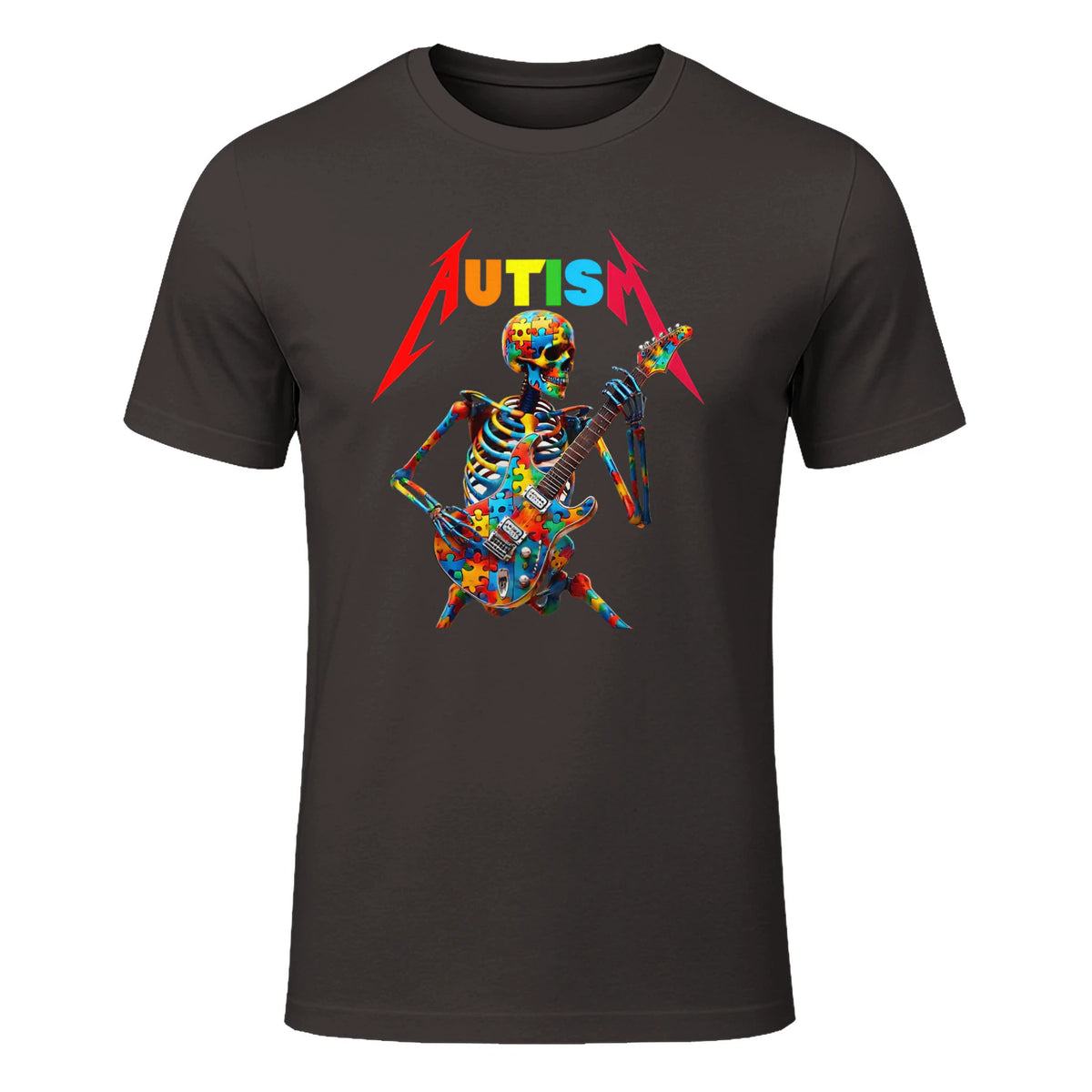 Autism Skeleton Guitar Player Rock Music Autism Awareness in Dark Chocolate - front view