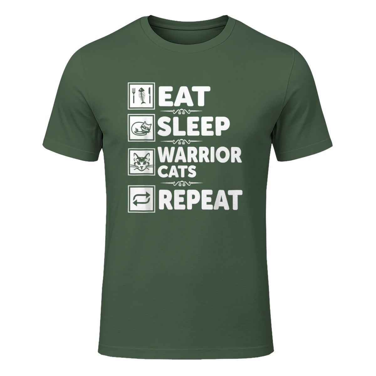 Cat & Cats Lover - Eat Sleep Warrior Cat Repeat - Cat T-Shirt in Military Green - front view