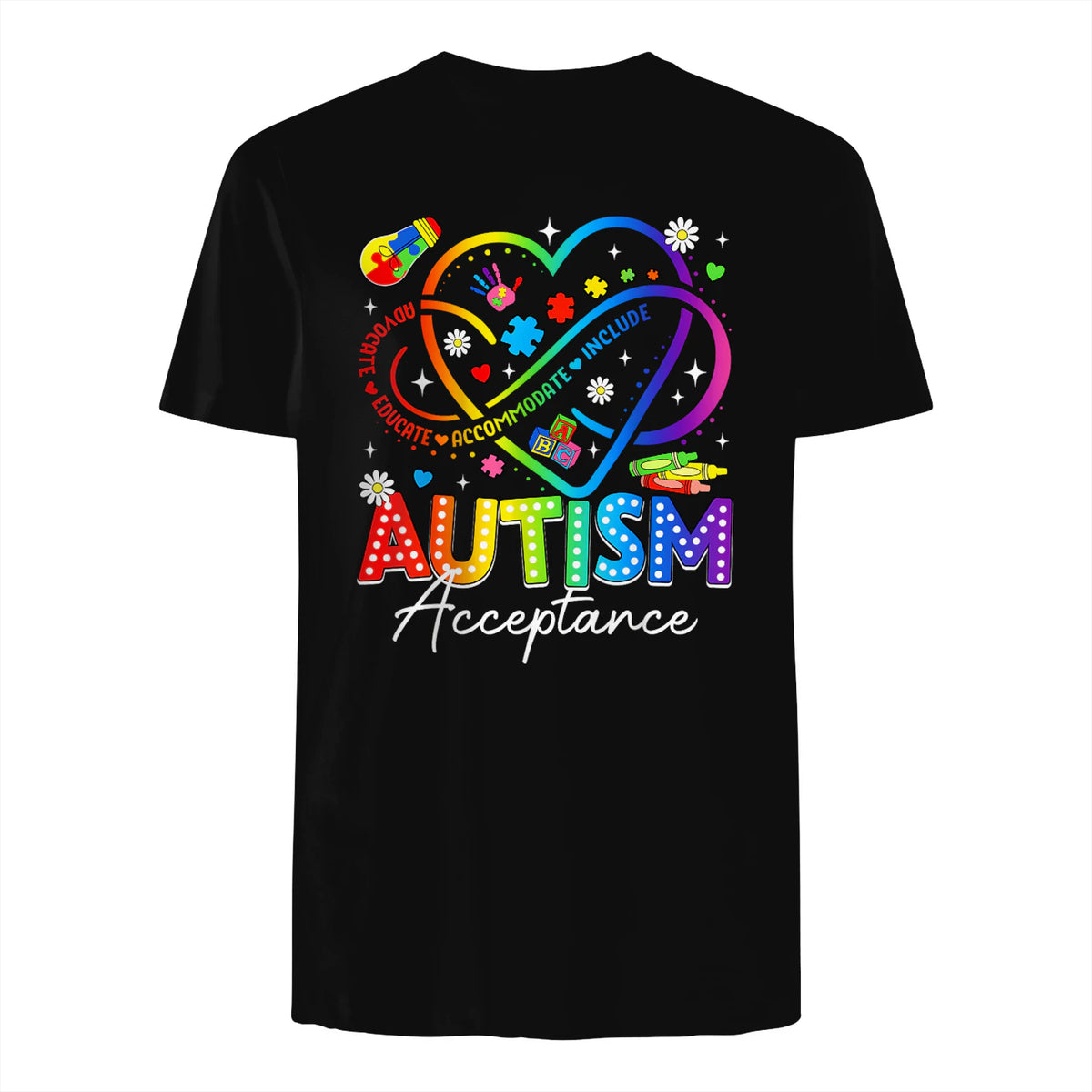 Autism Awareness Acceptance Heart Infinity Symbol Men Women in Black - back view