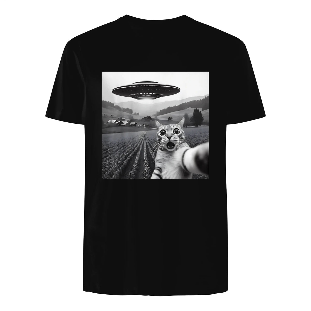 Cat Selfie With Alien UFO Funny Cat Gifts For Men Women Kid T-Shirt in Black - back view