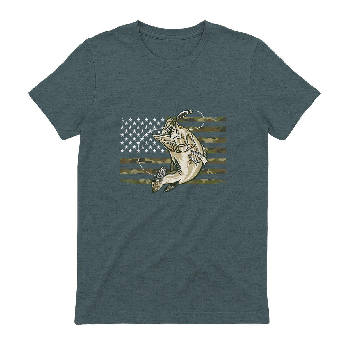 Fishing Camouflage US American Flag Bass Fish Fisherman Camo T-Shirt in Dark Heather - back view