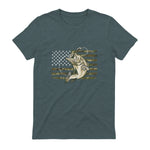 Fishing Camouflage US American Flag Bass Fish Fisherman Camo T-Shirt in Dark Heather - back view
