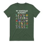Types Of Dinosaurs Alphabet Dino Identification T-Shirt in Military Green - back view