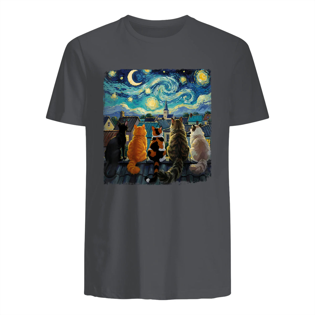 Funny Cat Starry Night Van Gogh Cats Rooftop Scene Feline T-Shirt in Charcoal - back view