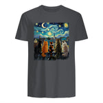 Funny Cat Starry Night Van Gogh Cats Rooftop Scene Feline T-Shirt in Charcoal - back view