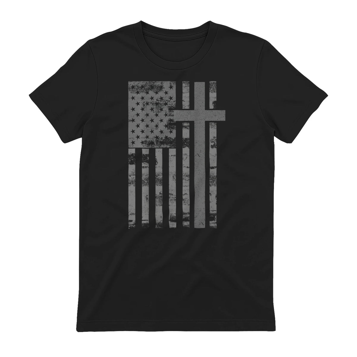(Art) American Flag Christian Faith Cross Patriotic T-Shirt in Black - back view