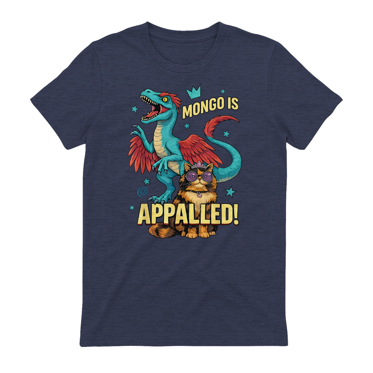 Retro Mongo is Appalled Princess Cat Riding Dinosaur Womens T-Shirt in Heather Navy - back view
