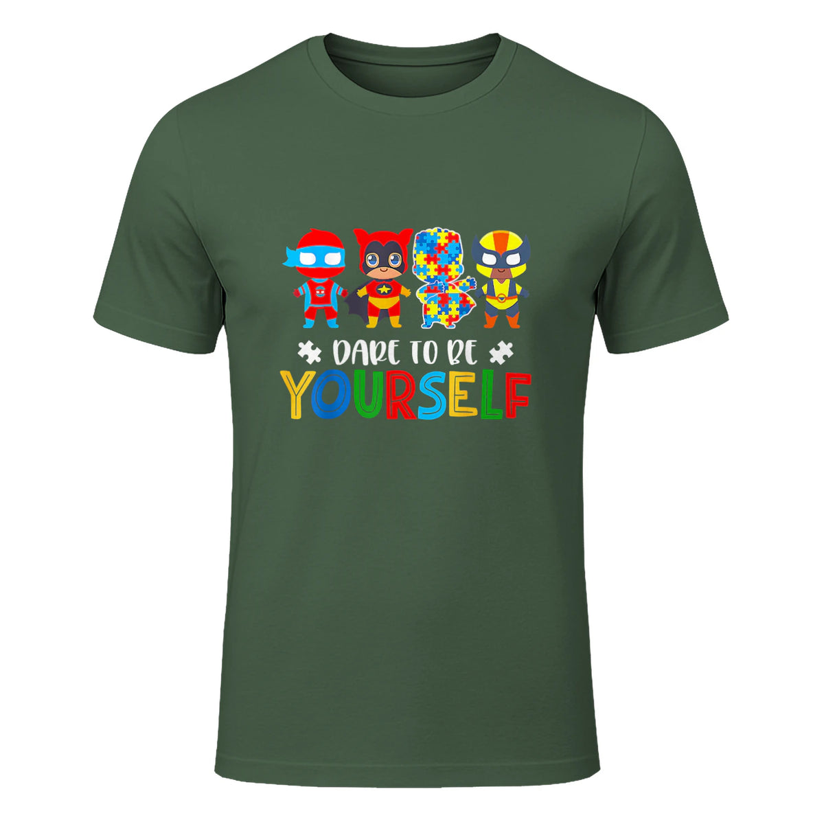 Dare to Be Yourself Autism Awareness Superheroes in Military Green - front view