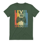 Level Sixteen Unlocked Video Gamer Birthday T-Shirt in Military Green - back view