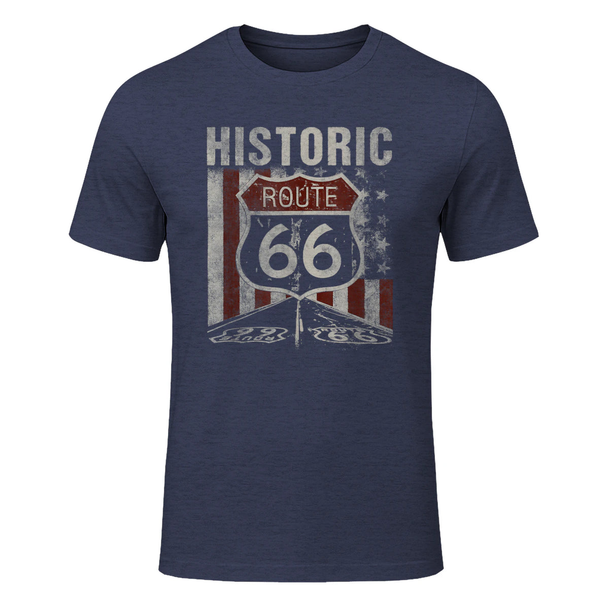 Historic USA Route Sixty-Six Highway Road Sign T-Shirt in Heather Navy - front view