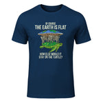 Flat Earth Society T Shirt Turtle Elephants Men Women Gift in Navy - front view