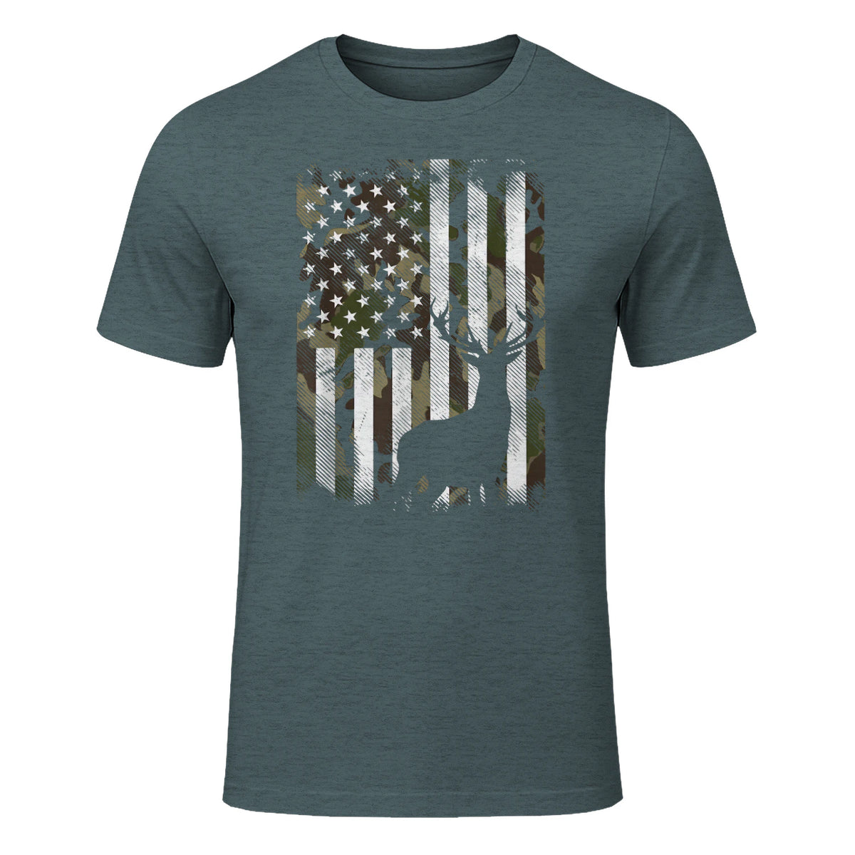 Camo US Flag Deer Elk Buck Camoflage Hunting Hunter Dad Gift Short Sleeve in Dark Heather - front view