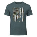 Camo US Flag Deer Elk Buck Camoflage Hunting Hunter Dad Gift Short Sleeve in Dark Heather - front view