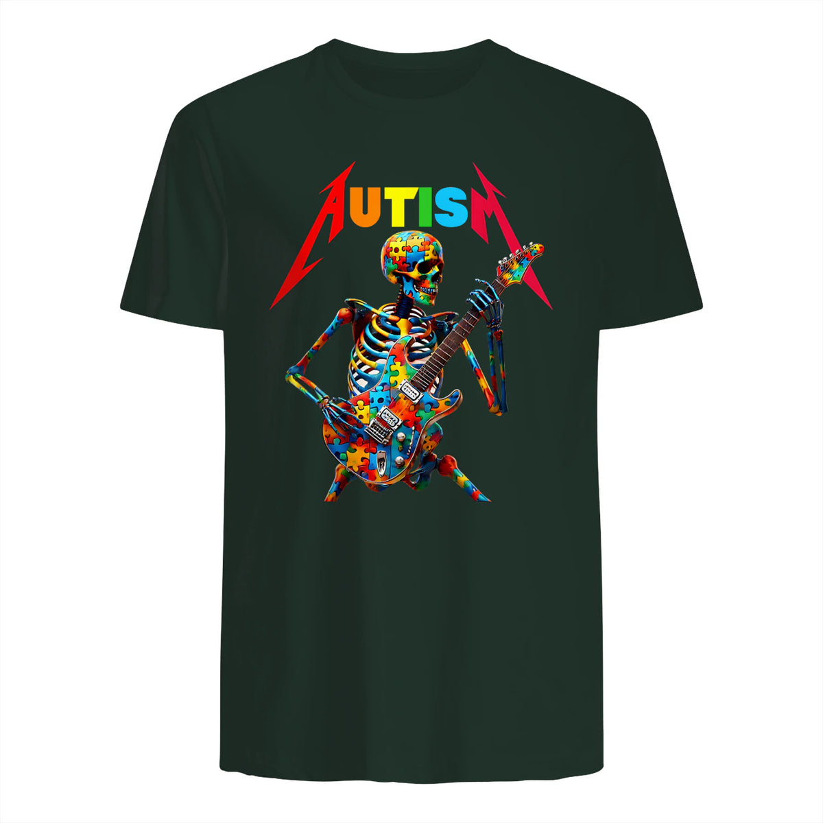 Autism Skeleton Guitar Player Rock Music Autism Awareness in Forest Green - back view