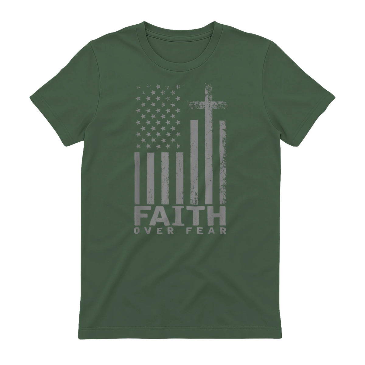 America Pride US Flag Faith Over Fear Prayer T-Shirt in Military Green - back view