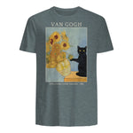 Funny Cat & Sunflowers Van Gogh Art Parody Vintage T-Shirt in Dark Heather - back view