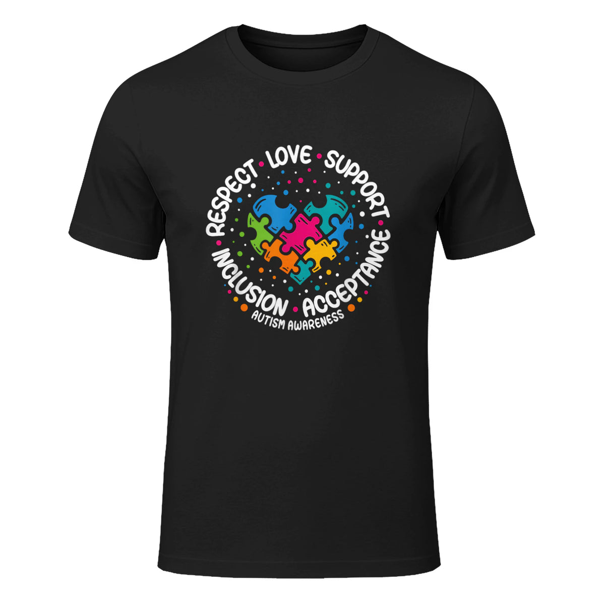 Respect Love Support Autism Awareness T-Shirt in Black - front view