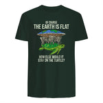 Flat Earth Society T Shirt Turtle Elephants Men Women Gift in Forest Green - back view