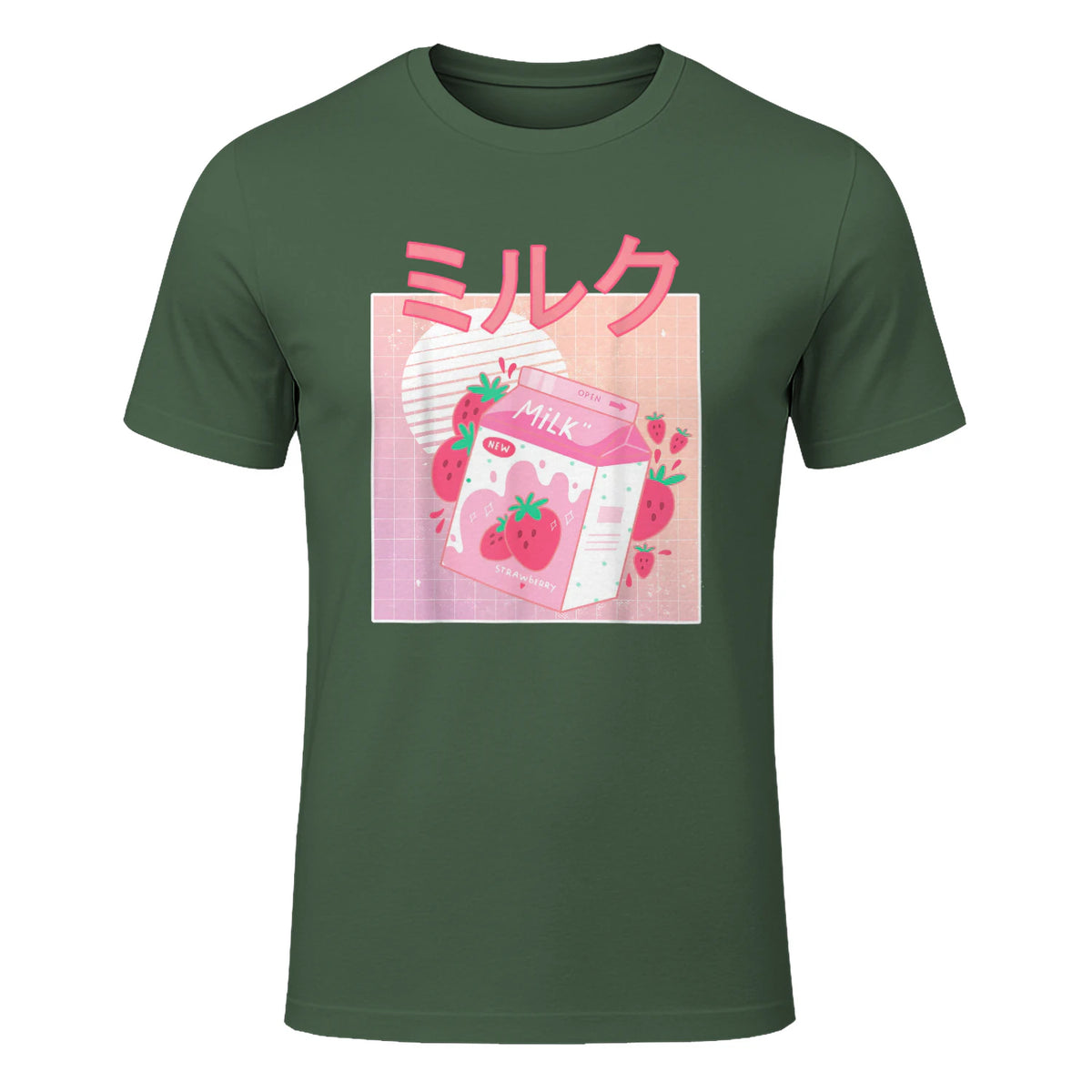 Funny Retro Nineties Japanese Kawaii Strawberry Milk Shake Carton T-Shirt in Military Green - front view