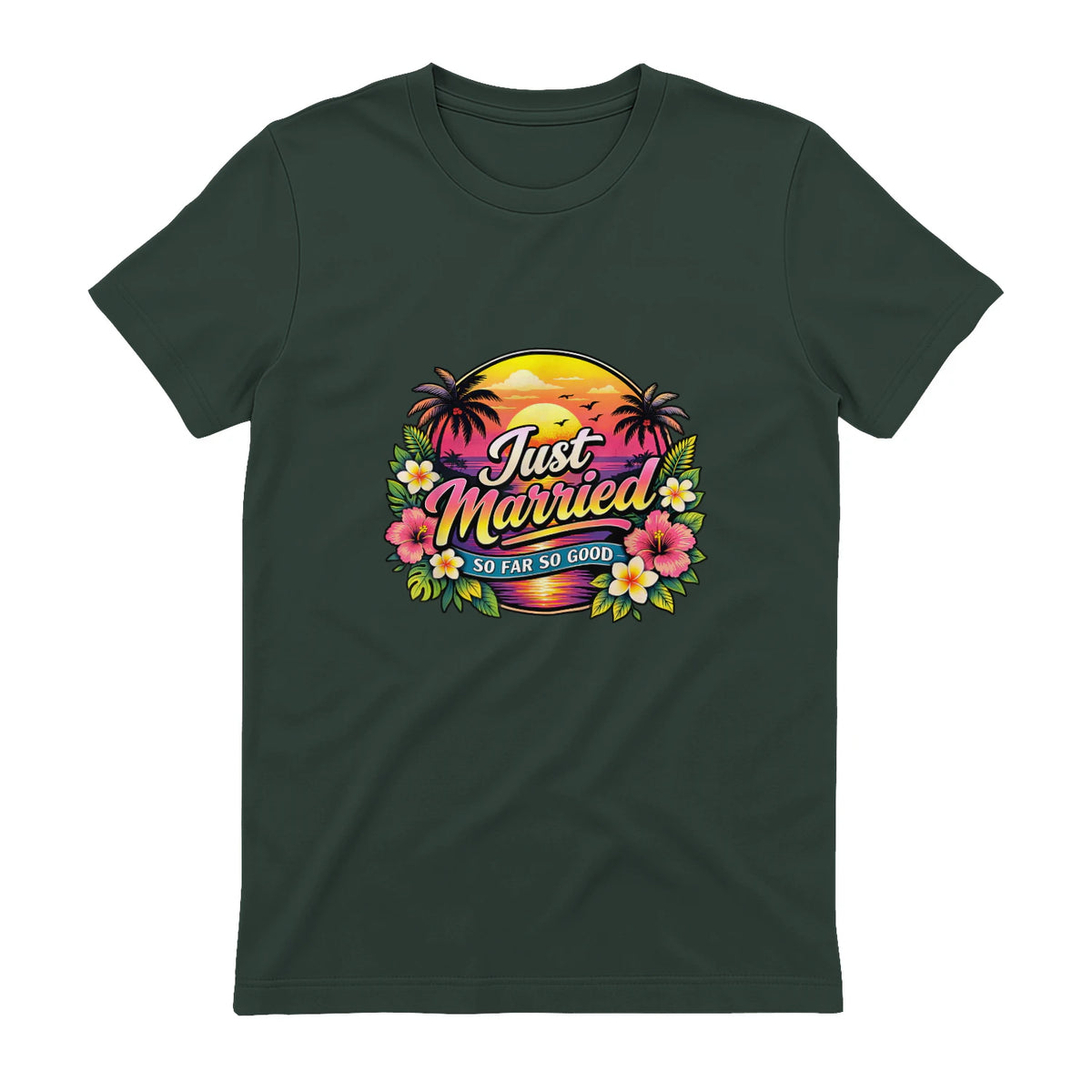 Couple de Jeunes mariés drôle Just Married Tropical Honeymoon in Forest Green - back view