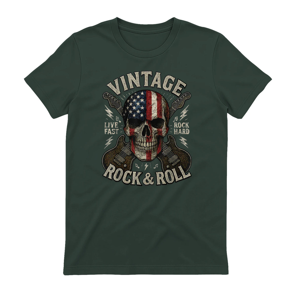 Vintage Rock Skull American Flag Guitar Retro Rock and Roll T-Shirt in Forest Green - back view
