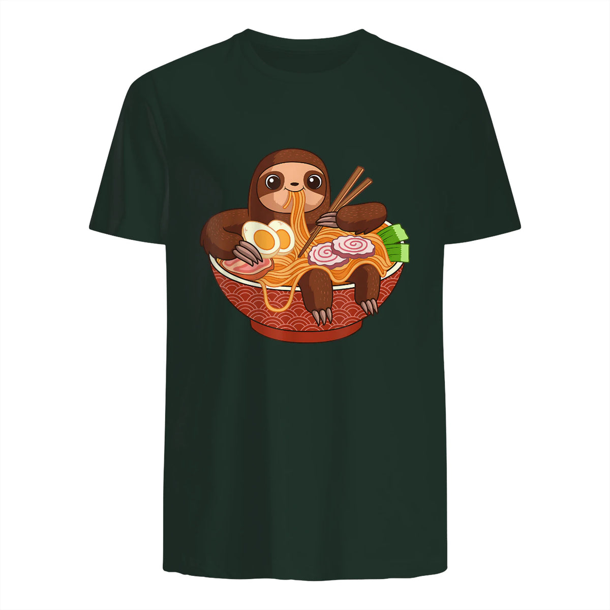 Kawaii Cute Anime Sloth Otaku Japanese Ramen Noodles in Forest Green - back view
