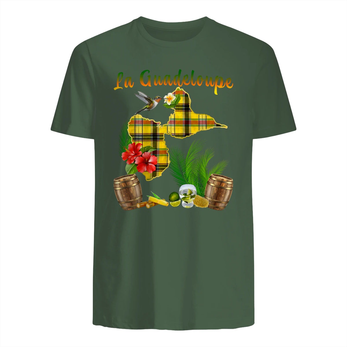 Carte de Guadeloupe Madras Colibri Hibiscus Et Rhum Antilles in Military Green - back view