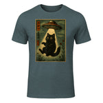 Vintage Japanese Cat Alien Cat Mom UFO Abduction Graphic T-Shirt in Dark Heather - front view