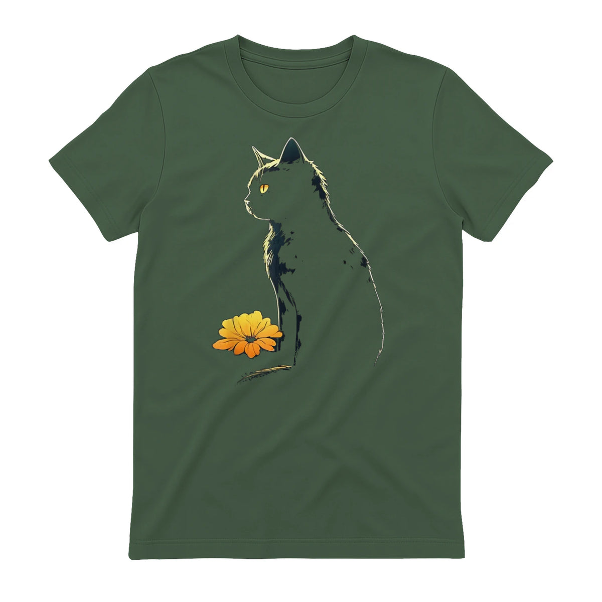 Cat Artwork - Flowers Art Cat Motif Animal Cat T-Shirt in Military Green - back view