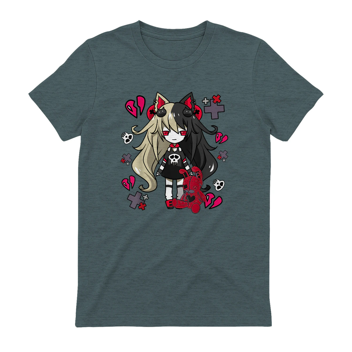 Chibi Kawaii Emo Pastel Goth Girl with Sad Bunny in Dark Heather - back view