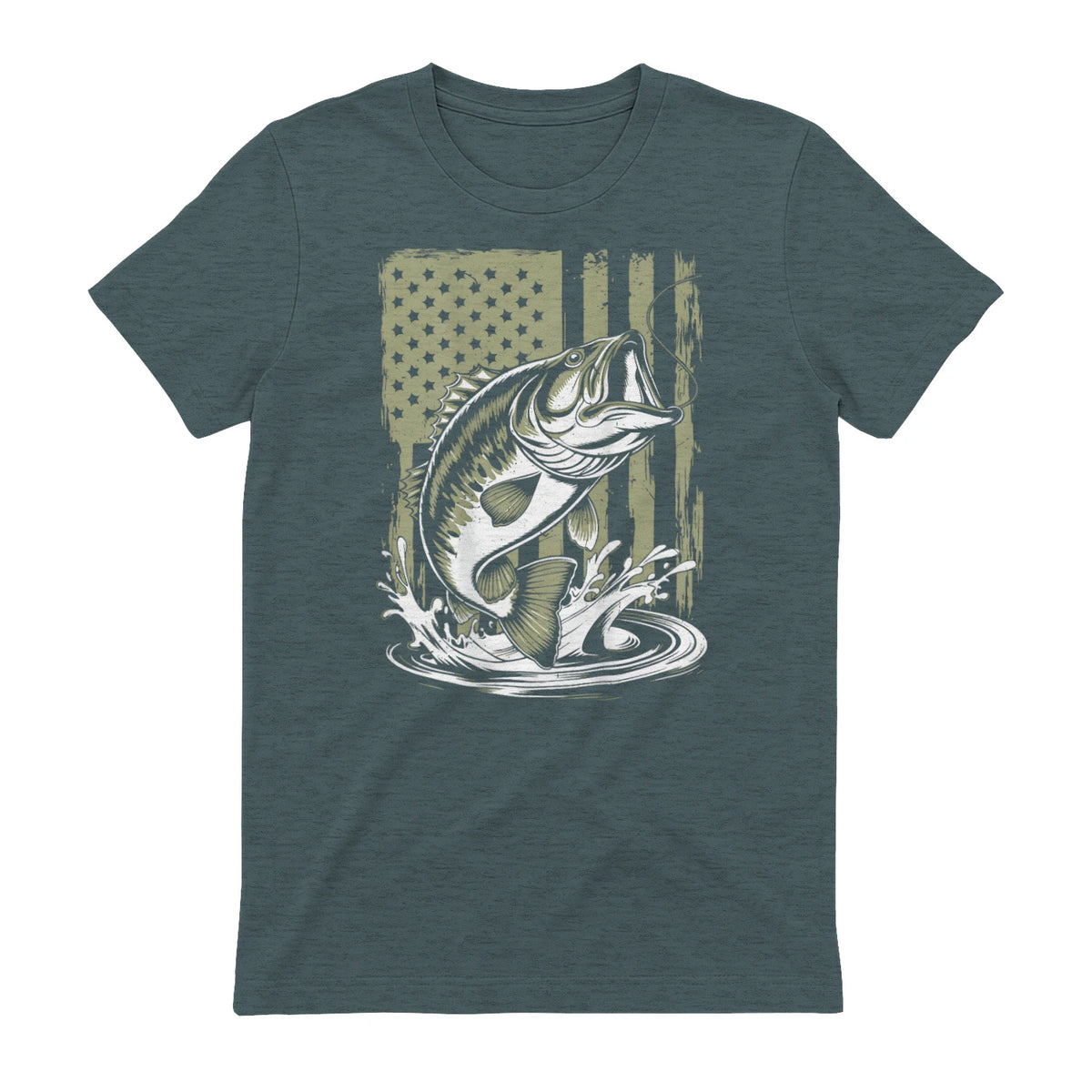Fishing Camo Bass Fish American Flag Men's Fisherman Gift T-Shirt in Dark Heather - back view
