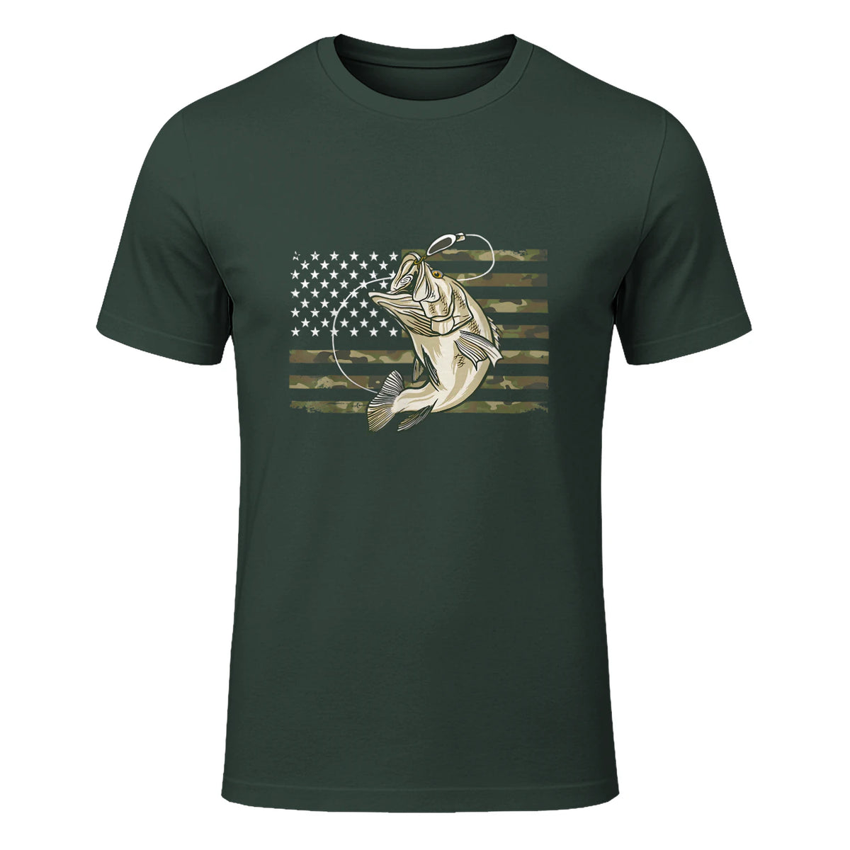 Fishing Camouflage US American Flag Bass Fish Fisherman Camo T-Shirt in Forest Green - front view